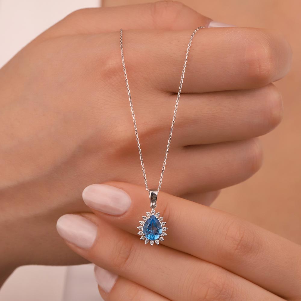 1.40 Karat Lab Pırlanta Damla London Blue Topaz Kolye - FP11681