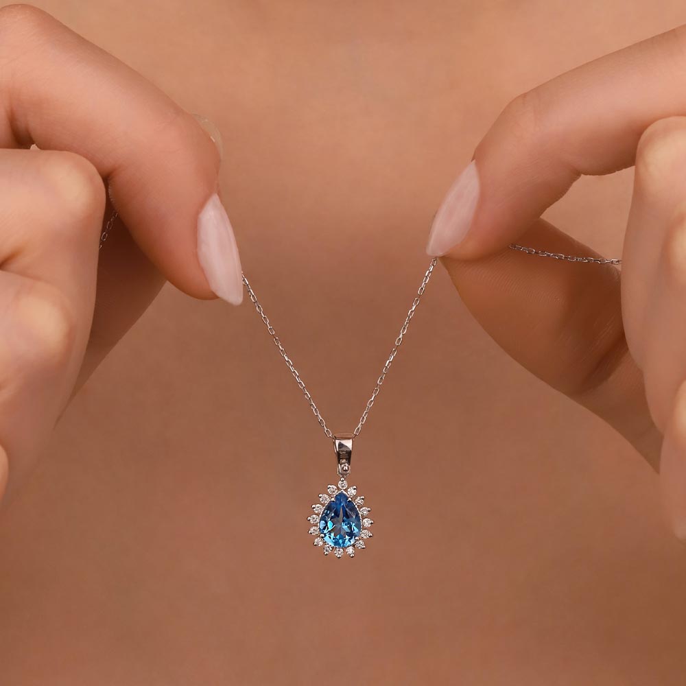 1.40 Karat Laboratuvar Pırlanta Damla London Blue Topaz Kolye